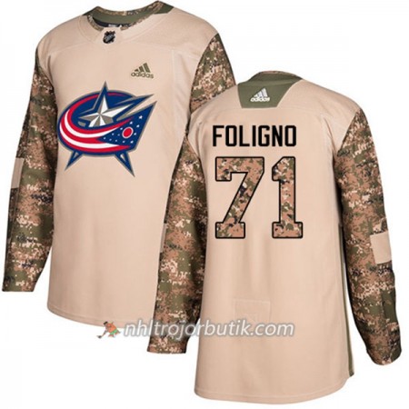 Män Ishockey Blue Jackets Tröja Nick Foligno 71 Adidas 2017-2018 Camo Veterans Day Practice Authentic